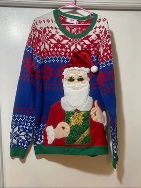 Holiday Time Men's Santa Crewneck Sweater in Red, Blue, White & Green xl